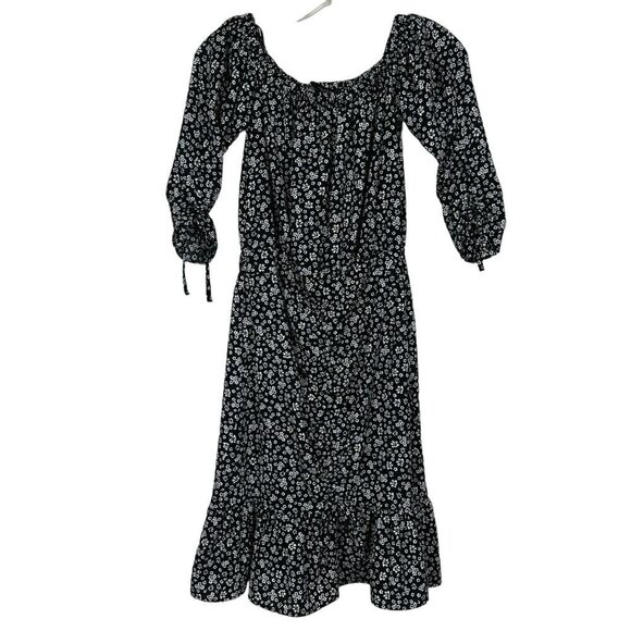 Zara Black White Floral Off Shoulder Midi Dress Ruffled With Rushing XS - Picture 2 of 15